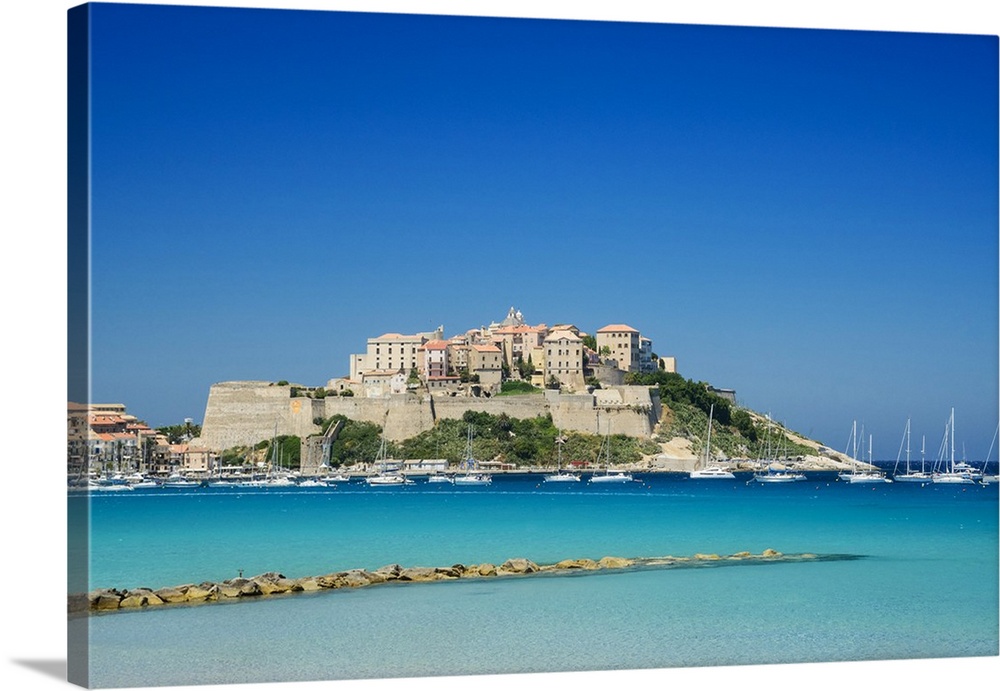 France, Corsica, Mediterranean sea, Calvi, Citadel, view from the beach.