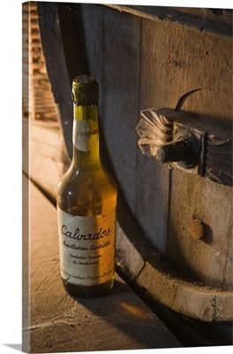 France, Normandy, Calvados bottle next to the barrels