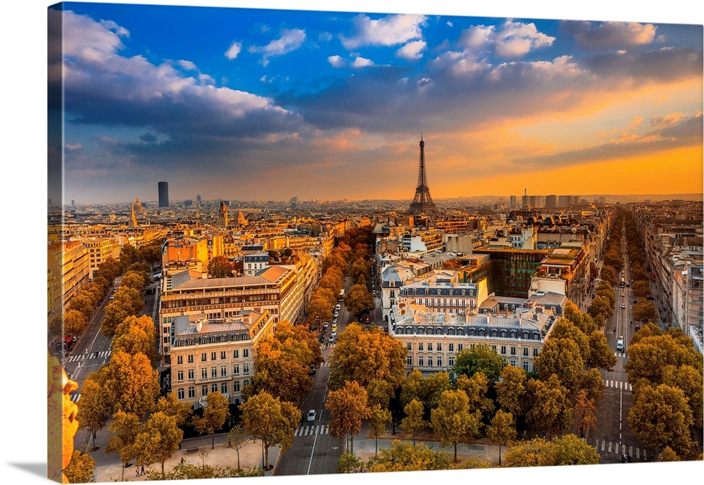 France, Ile-de-France, Ville de Paris, Paris, Champs Elysees, Cityscape from the Arc de Triomphe, Eiffel Tower in the back...