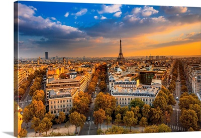 France, Paris, Champs Elysees, Cityscape From The Arc De Triomphe, Eiffel Tower, Sunset