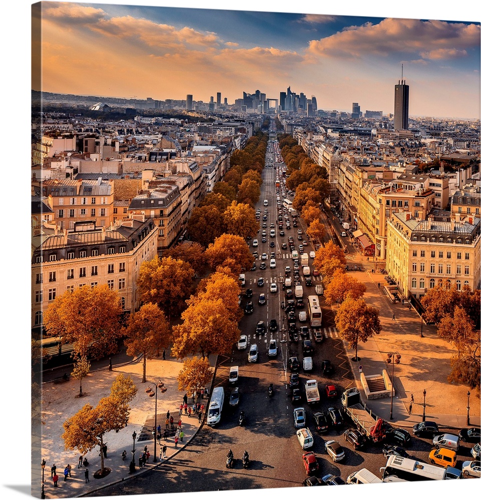 France, Ile-de-France, Ville de Paris, Paris, Champs Elysees, Cityscape from the Arc de Triomphe, La Defense in the backgr...