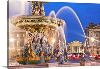 France, Paris, Champs Elysees, Fountain At Place De La Concorde And Hotel De Crillon
