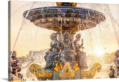 France, Paris, Champs Elysees, Place De La Concorde, Fountain Statue At Sunset