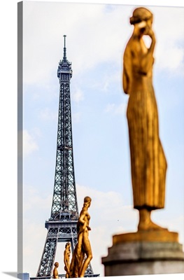 France, Paris, Eiffel Tower And Les Fruits, One Of The Statues Of Palais De Chaillot