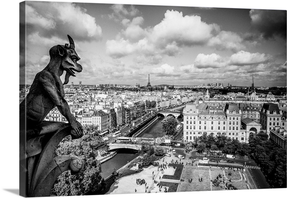 France, Paris, Notre Dame de Paris, Gargoyle on Notre Dame Cathedral and Eiffel Tower in background.