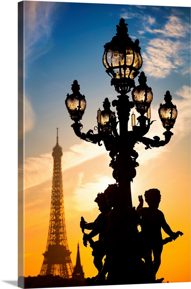 France, Ile-de-France, Paris, Ville de Paris, Invalides, Eiffel Tower and lamp of Alexander III Bridge.