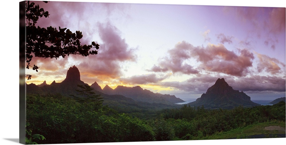 French Polynesia, Society Islands, Moorea, Mountains inland at dawn