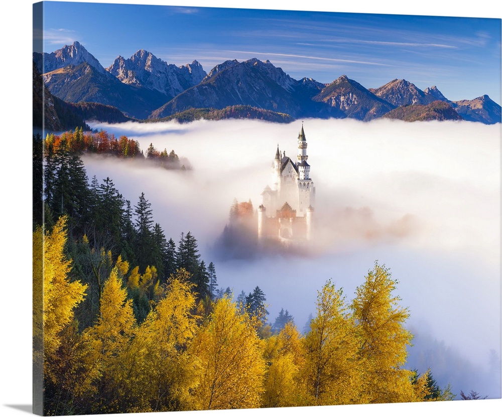 Germany, Bavaria, Swabia, Neuschwanstein Castle in the fog, Tannheim Mountains in background