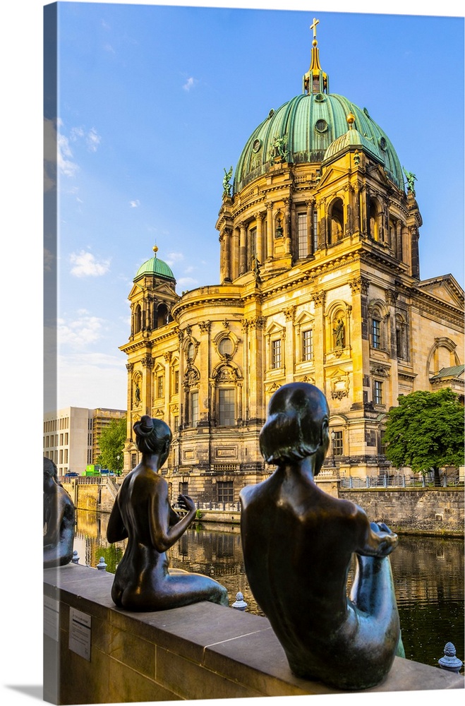 Germany, Berlin, Berlin Mitte, Berlin Cathedral, Berlin Cathedral on Spree River with Three Girls and a Boy sculptures in ...