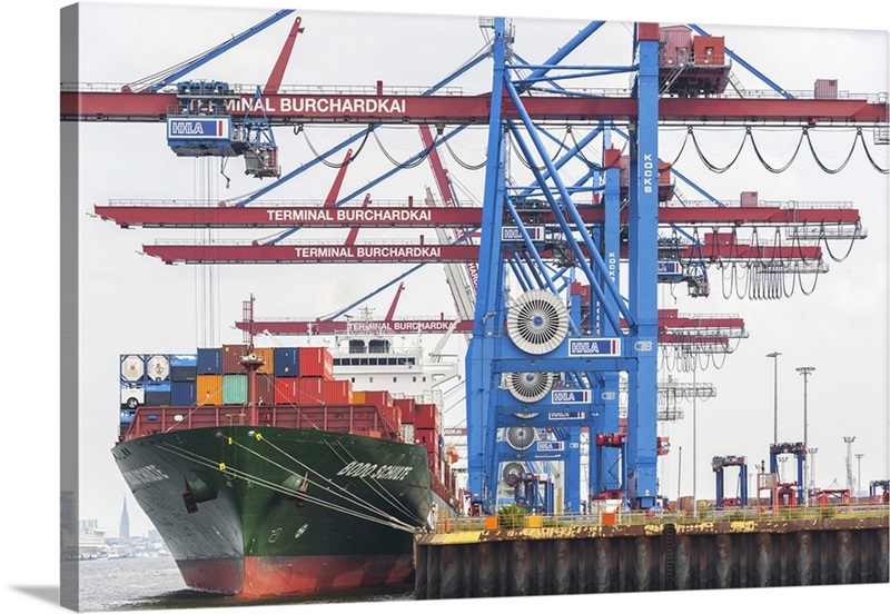 Germany, Hamburg, Elbe, Unloading of a container ship, boat tour of the ...