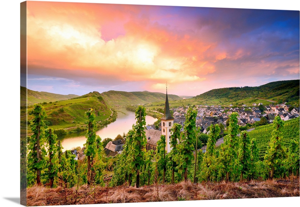 Germany, Rhineland-Palatinate, Bremm, Saxon Wine Route, View over Bremm and Mosel river narrow bend. Bremm is a village su...