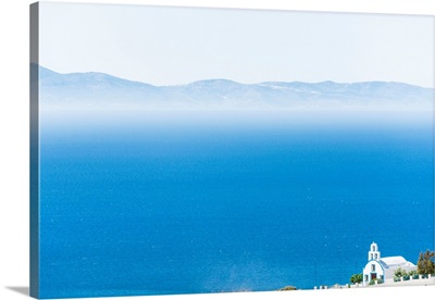Greece, A Greek Orthodox Church On The Cyclades Island Santorini With The Mediterranean