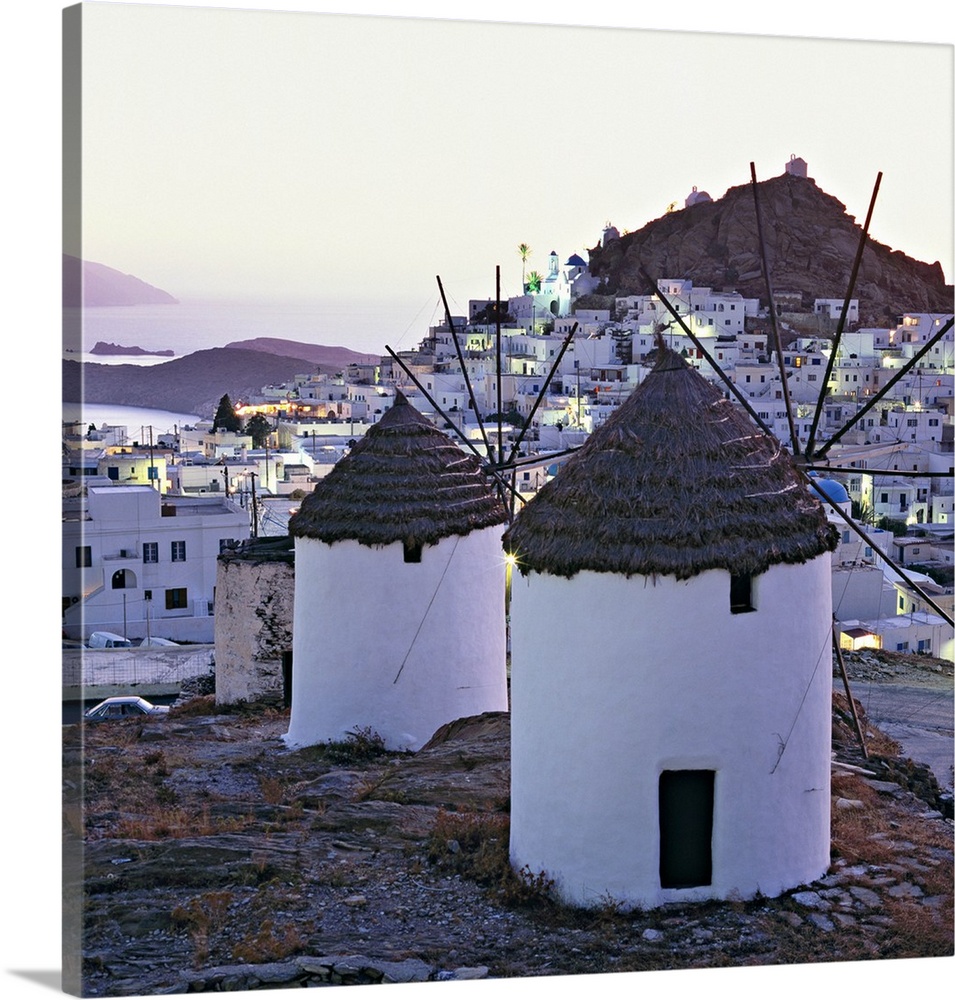 Greece, Aegean islands, Cyclades, Ios island, Windmills and Chora village