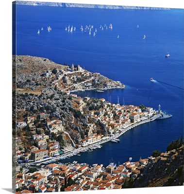Greece, Aegean islands, Dodecanese, Symi island, harbour and sailing regatta