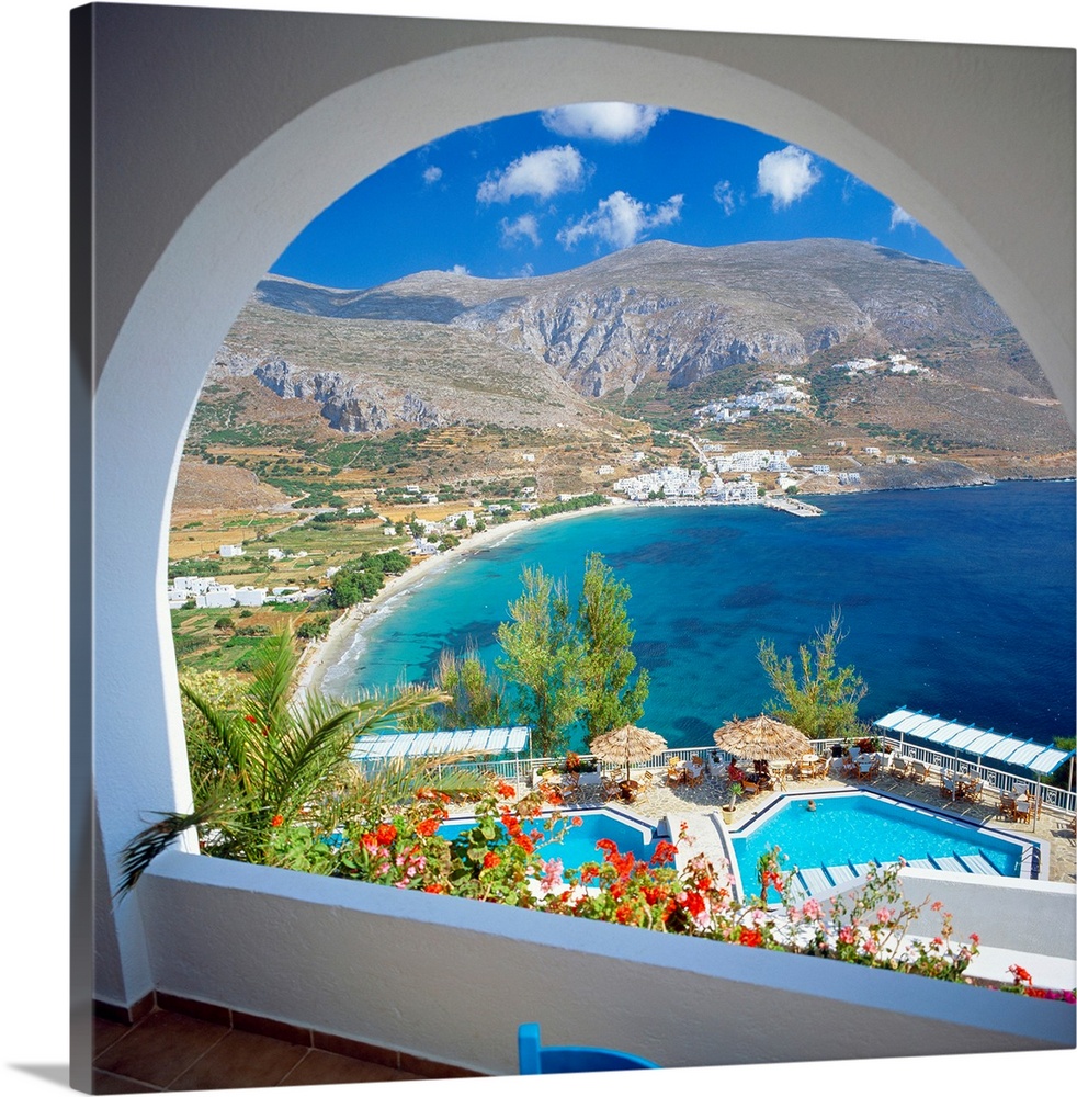 Greece, Cyclades, Amorgos, Aegialis Hotel, view towards the sea