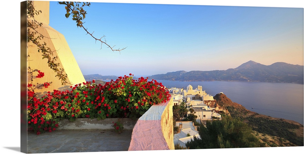 Greece, Cyclades, Milos island, View of Plaka village from Kastro castle and church