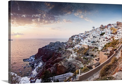 Greece, Cyclades, Santorini Island, Oia And Its Famous Windmill At Sunset