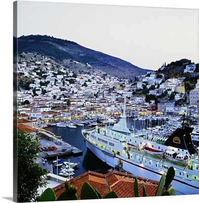 Greece, Hydra island, Mediterranean sea, Hydra town and ferryboat