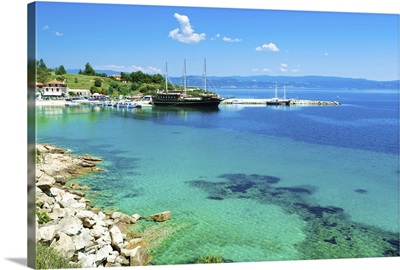 Greece, Macedonia, Sithonia, Ormos Panagia harbor with a touristic boat to Mt Athoss