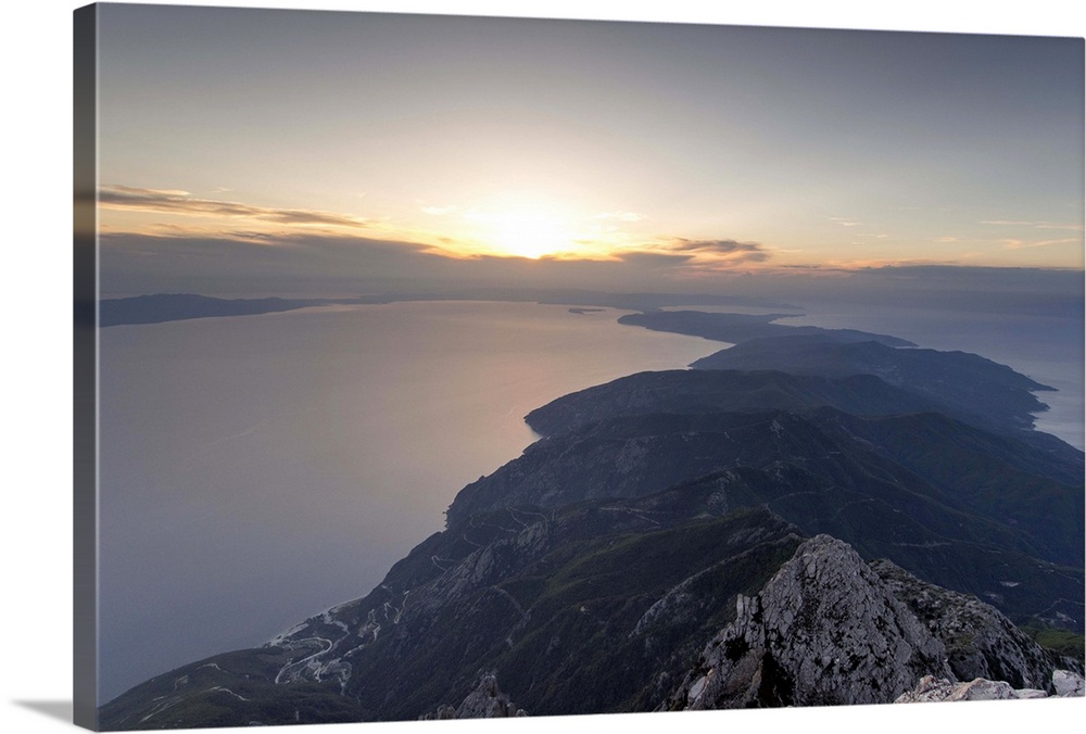 Greece, Mount Athos, Mount Athos Monastic Republic, Mount Athos Peninsula, view from the summit at sunset.