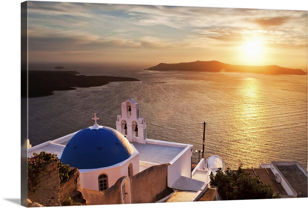 Greece, Aegean islands, Cyclades, Santorini island, Greek Islands, Typical church overlooking the sea and the caldera at s...