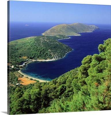 Greece, Sporades, Skiros, View towards Pefkos Beach and Valaxa Island