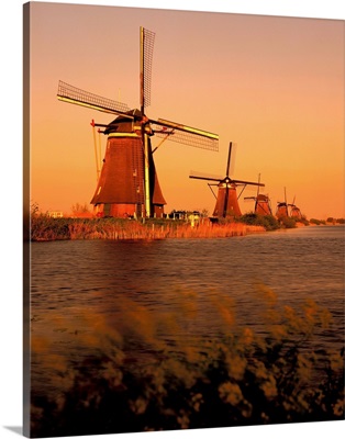 Holland, windmills at Kinderdijk, sunset