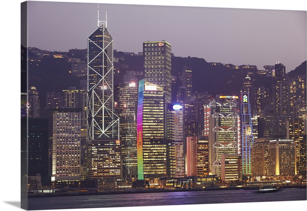 China, Hong Kong, Hong Kong island, Victoria Harbor, Harbor skyline with Central Plaza building and Bank of China Tower.