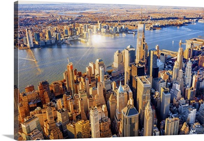 Hudson, Manhattan, Aerial View Towards One World Trade Center At Sunset