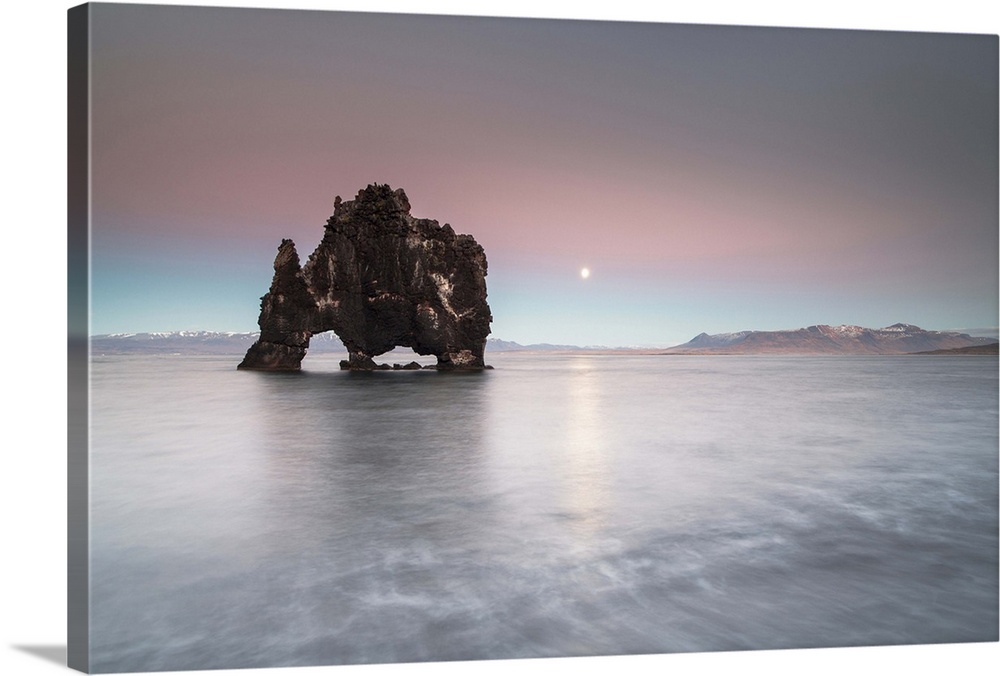 Iceland, Northwest Iceland, Vatnsnes peninsula, Hvitserkur rock at dusk.