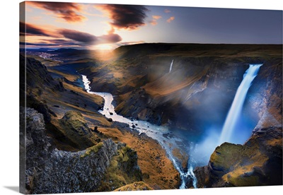 Iceland, View Of The Haifoss Waterfall, The Golden Circle In Southern Iceland