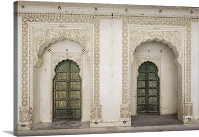 India, Rajasthan, Jodhpur, Two Intricately Decorated Doorways Inside Mehrangarh Fort