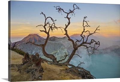 Indonesia, Jawa Island, Java, View Of The Crater Of The Volcano Kawah Ijen At Sunrise