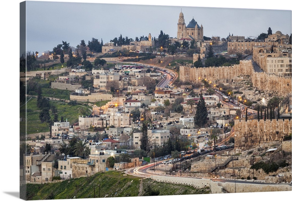 Israel, Jerusalem, Old city wall at dawn, seen from Olive Mount.