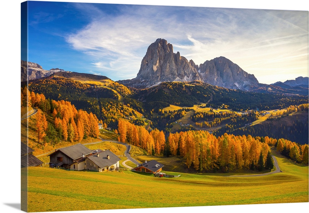 Italy, Trentino-Alto Adige, Alto Adige, Sudtirol, Alps, Dolomites, Gardena Valley, Santa Cristina Valgardena, Autumn lands...