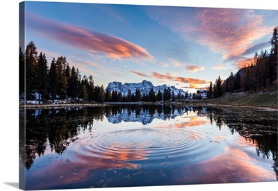 Italy, Alps, Dolomites, Autumn Sunset At Antorno Lake With A Circle Of Water