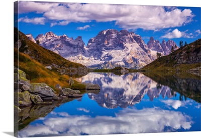 Italy, Alps, Dolomites, Val Rendena, Ritorto Lake With The Brenta Peak In The Background