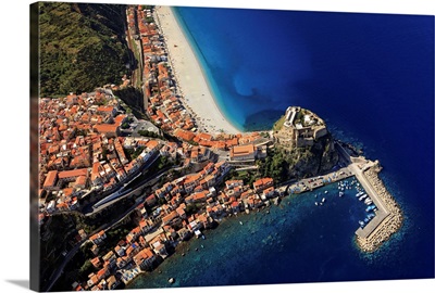 Italy, Calabria, Costa Viola, Scilla, Aerial view of the town, beach and Castle