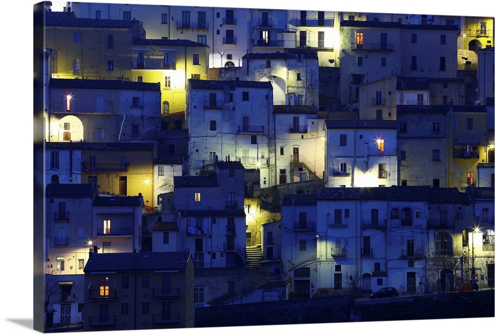 Italy, Campania, Avellino district, Irpinia, Calitri, Cityscape at night.
