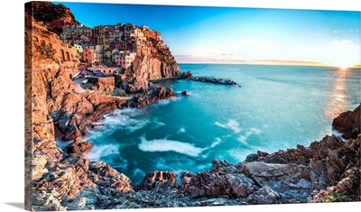 Italy, Cinque Terre, Manarola With Its Typical Pastel-Color Houses Painted, Sunset