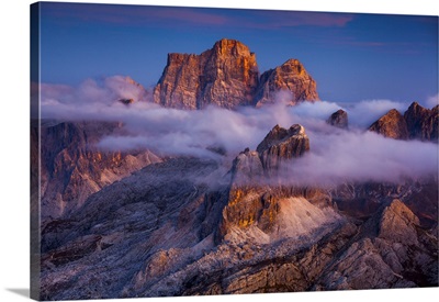 Italy, Cortina D'ampezzo, View From Lagazuoi Refuge, Averau And Pelmo Mountains, Sunset