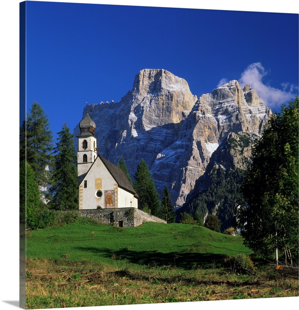 Italy, Dolomites, Pelmo, Val Fiorentina, Santa Fosca church towards Mount Pelmo