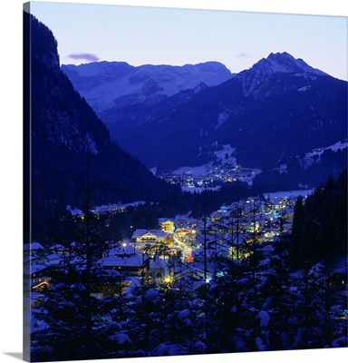 Italy, Dolomites, Trento, view of Canazei town towards Catinaccio