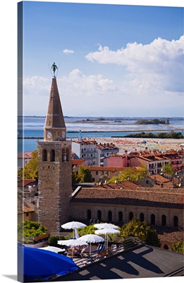Italy, Friuli-Venezia Giulia, View from Hotel Astoria: bell tower and lagoon