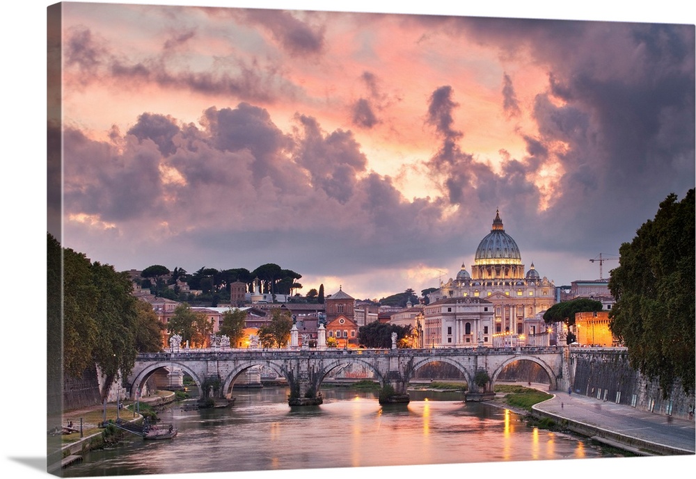 Italy, Latium, Tiber, Tevere, Roma district, Rome, Saint Peter's Basilica, Sunset over Saint Peter's Basilica and the Tibe...