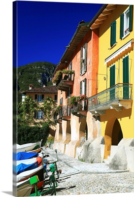 Italy, Lombardy, Como Lake, Mandello del Lario, colored houses on the tiny harbor