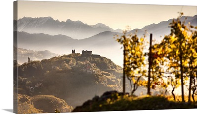 Italy, Lombardy, Landscape With Grumello Castle And Mountains Of Adamello Group