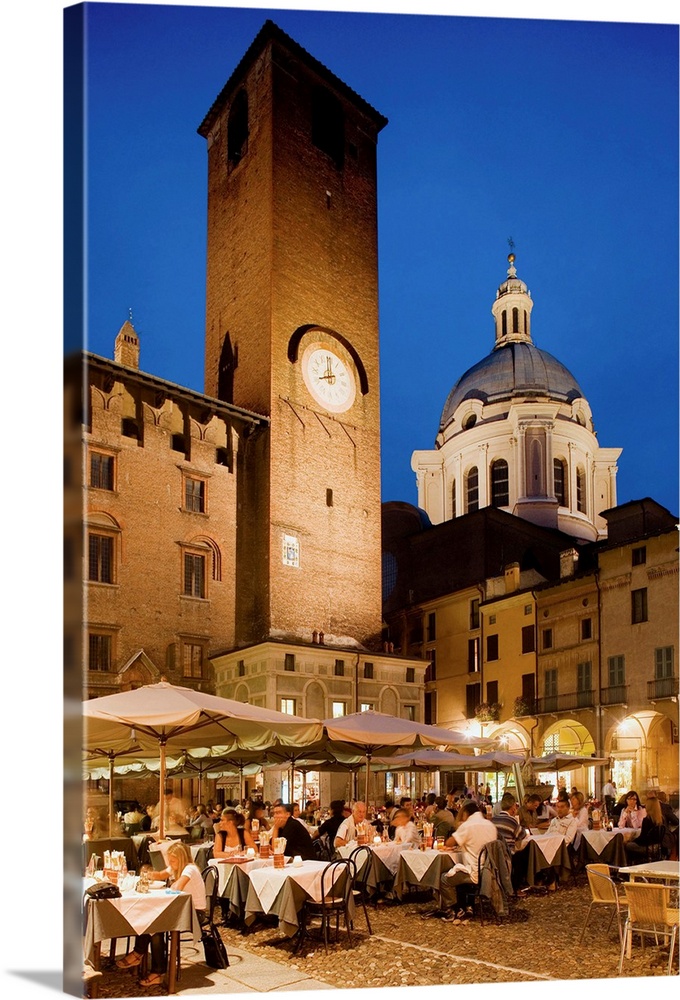 Italy, Italia, Lombardy, Lombardia, Mantua, Mantova, Piazza Broletto, the clock tower of the Palazzo del Podest.. and Sant...