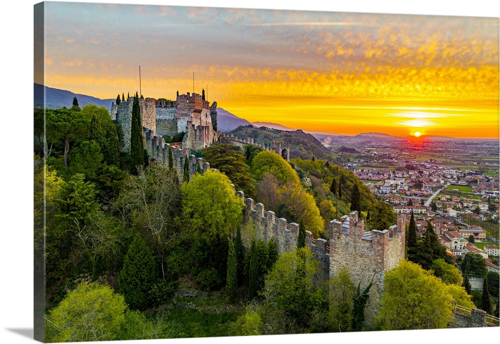 Italy, Veneto, Vicenza district, Marostica, Aerial view of the Castle and the walled city of Marostica at dawn.