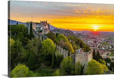 Italy, Marostica, Aerial View Of The Castle And The Walled City Of Marostica, Dawn